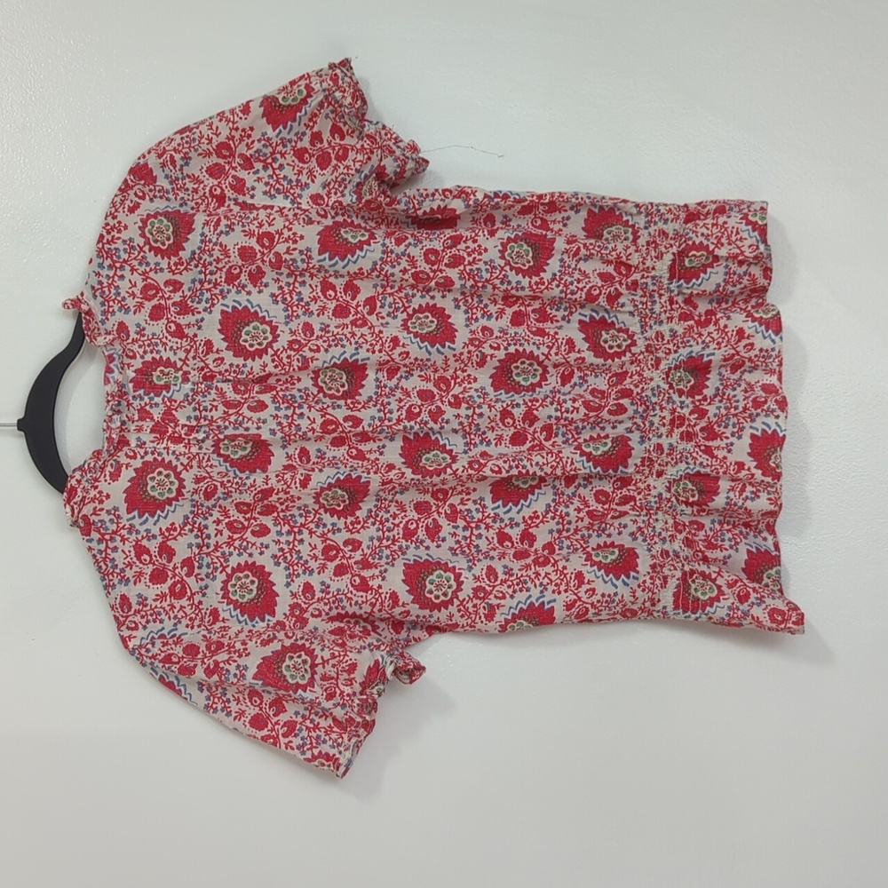 LRL Ralph Lauren Jeans Co. Red White Floral Cotton Shirt Sleeve Ruffle Top M - Picture 6 of 6